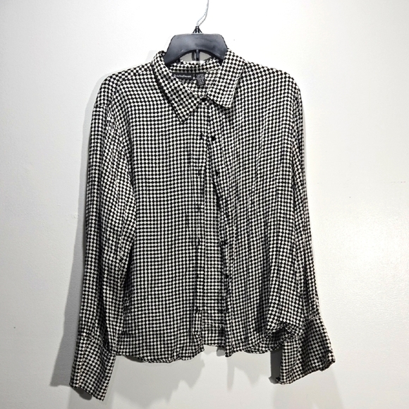 Black and White Diamond Pattern Checkered Silk Blouse Button Front 16 - Picture 1 of 8